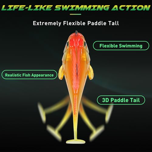 GOTOUR Pre-Rigged Soft Fishing Lures with Weedless Hook, Lifelike Paddle Tail Swimbaits for Bass Fishing, Freshwater & Saltwater Fishing Bait, Fishing Tackle for Bass, Pike, Trout, and Walleye - color: A2-3.5"-0.8oz