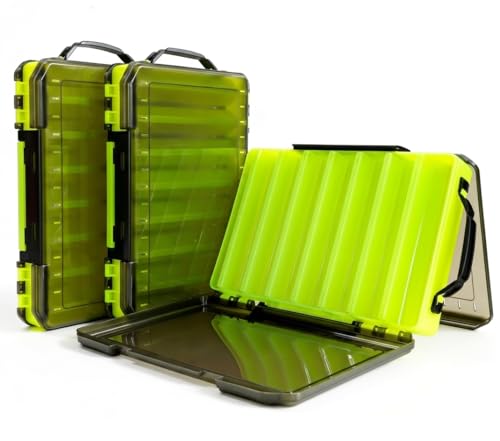 Fishing Tackle Boxes Lure Organizer: 2 Packs Hard Bait Storage Box - Double Sided Fishing Lure Case with 14 Compartments Container (Chartreuse, L) - color: Chartreuse