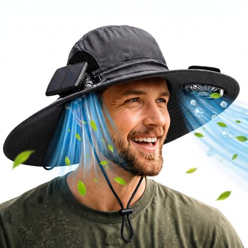 Berlune Sun Hat with 2 Solar Fan Wide Brim Fishing Bucket Hat USB & Solar for Men Women UPF 50+ Cooling for Fishing Beach - color: Dark Gray, size: 4.7 Inch Brim