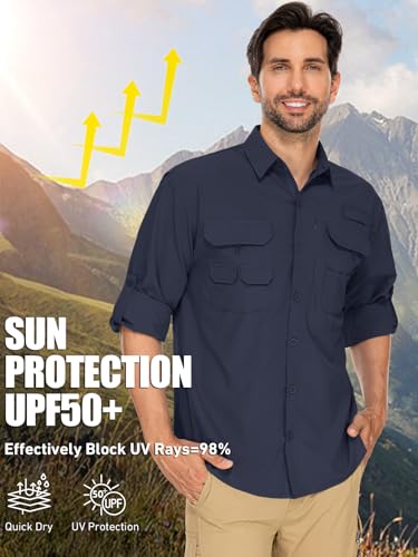 linlon Mens Safari Shirts Long Sleeve UV Protection Hiking Fishing UPF 50+ Quick Dry Cooling Camping Travel Shirts - color: Azure Blue, size: Small