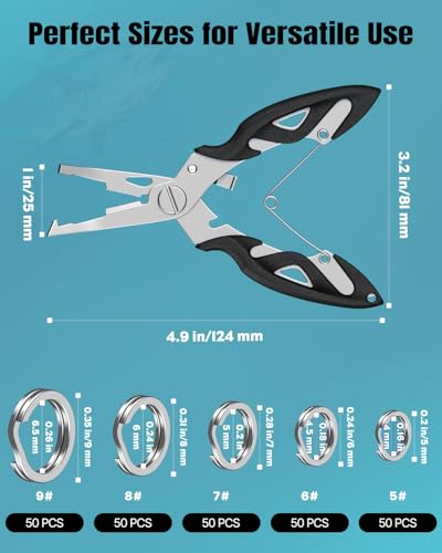 Pawfly 250 Pcs Split Rings and Split Ring Pliers, 5 Sizes Fishing Split Rings & Fishing Pliers Kit for Fishing, Fishing Lure Connectors, Stainless Steel Split Rings for Saltwater & Freshwater - color: Black