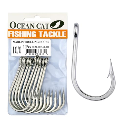 OCEAN CAT Classic Fishing Hook Stainless Steel Barbed Offset Point Octopus Circle Fishing Hooks Trolling Hooks Fishing Tackle for Saltwater and Freshwater Fishing - size: 10/0