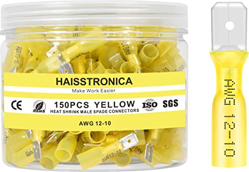 haisstronica 150PCS Yellow Heat Shrink Male Spade Connectors,AWG 12-10 Heat Shrink Male Spade Terminlas Kit,Speaker Wire Connector, Electrical Quick Disconnect Wire Connectors - color: Yellow, size: AWG 12-10 Male 150PCS