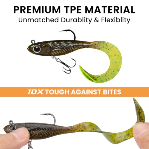 TRUSCEND Duramax TPE Soft Fishing Lures with BKK Hooks, Easy Catch Curly & T-Tail for Trembly Sinking & Vibrating Swim, UV or Glow Effect for All Conditions, Pre-rigged Swimbait for Bass Trout Crappie - color: A3-4"-1/2oz