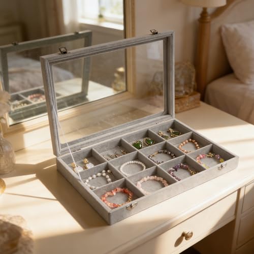 Wudygirl 12 Grid Jewelry Organizer Velvet Jewelry Tray with Clear Lid Jewelry Box Bracelet Holder Display Case Storage Bracelets Rings Earrings Organizer (12 Grid) - color: Gray, size: 12 Grid