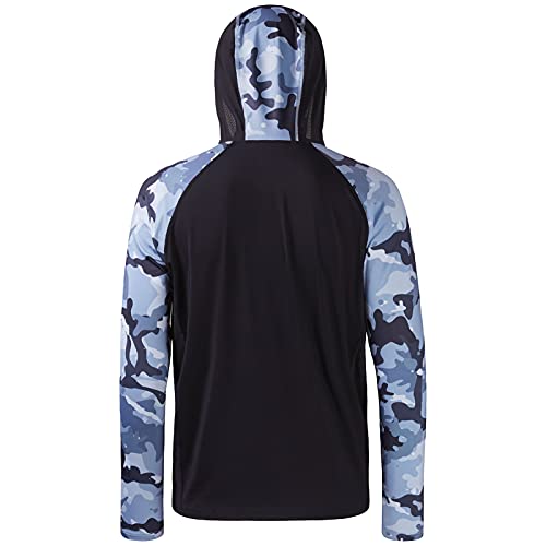BASSDASH Men’s UPF 50 Performance Fishing Shirt Cooling Hoodie Camo Long Sleeve FS17M - color: Black / Blue Camo, size: 3X-Large