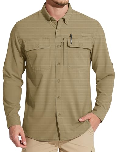 MAGCOMSEN Men's Sun Protection Fishing Shirts Long Sleeve UPF 50+ Quick Dry Cooling Button Down Shirt for Hiking Safari - color: Khaki, size: Large