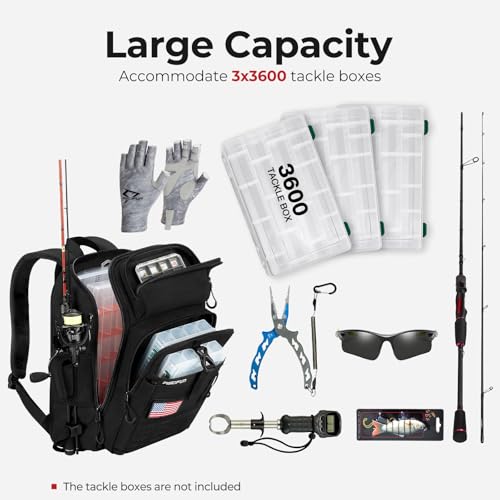 Piscifun Fishing Tackle Backpack with Rod & Gear Holder, Lightweight Outdoor Water-Resistant Fishing Shoulder Storage Bag with Protective Rain Cover, Black - color: Black, size: Standard