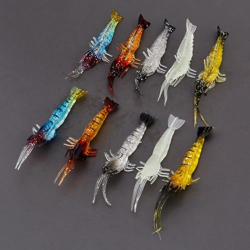 10pcs Soft Shrimp Lure Rigs Artificial Silicone Soft Bait Shrimp Fishing Lure, Artificial Bait Fishing Tackle Hooks Jigs with Hooks for Trout Bass Salmon