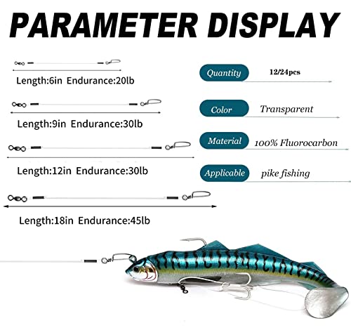 Fluorocarbon Fishing Leader,20LB-80LB Fluorocarbon Leaders for Saltwater Freshwater,100% Fluorocarbon Leaders Line with Swivels and Snap… - color: 12pcs, size: 6in-12lb