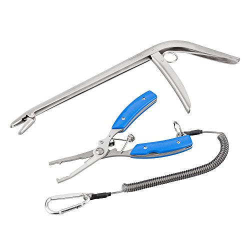 BASUNE Fishing Pliers and Fish Hook Remover with Line Cutter, Curved Nose Hook Remover Tackle Tool with Nylon Sheath and Fishing Gear Set (Blue)