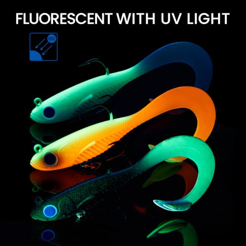 TRUSCEND Duramax TPE Soft Fishing Lures with BKK Hooks, Easy Catch Curly & T-Tail for Trembly Sinking & Vibrating Swim, UV or Glow Effect for All Conditions, Pre-rigged Swimbait for Bass Trout Crappie - color: A3-4"-1/2oz