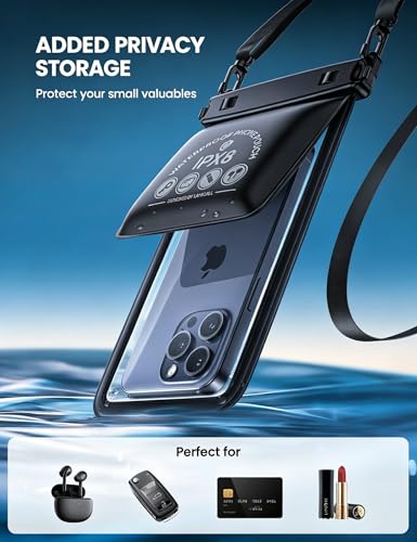Lamicall Double Pocket Waterproof Phone Pouch - IPX8 Dry Bag - Privacy Storage for Card & Key - Cruise Ship, Beach Essentials for iPhone 17 16 15 14 13 Pro Max, Galaxy S25, for Bulky Cases up to 7.5" - color: Black