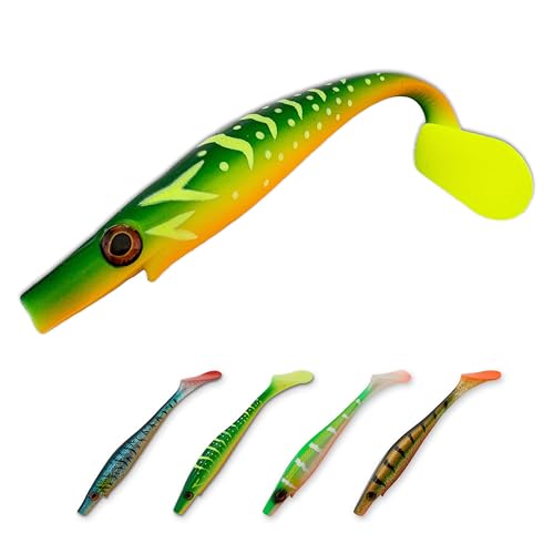 Thump Shad Paddle Tail Swimbait, 6" Soft Lures for Bass, Extra Weight Heavy Kicking Tail for Jig Head & Weighted Swimbait Hook, 3 Pack - color: Green Pumpkin Chartreuse