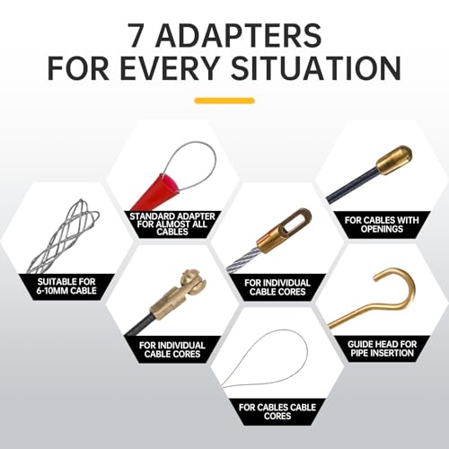 Non-Conductive Fish Tape Wire Puller 150 FT x 4.5 mm with Gloves and 7 Adapters, Flexible PET Wire Fishing Tools for Walls and Electrical Conduit, Rust-Proof - size: 150Ft kit