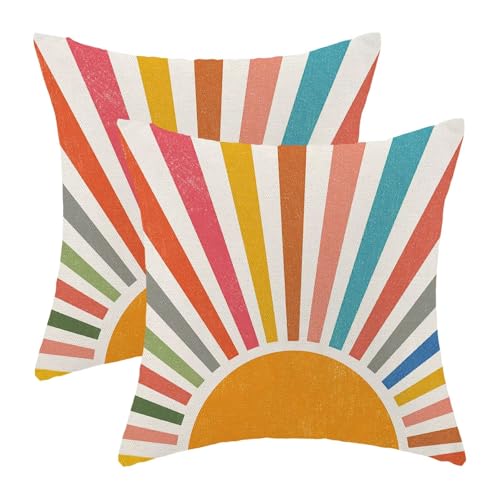 Colorful Stripes Pillow Covers 16 x 16 Set of 2, Boho Rainbow Sun Outdoor Decorative Throw Pillows Farmhouse Linen Summer Sunshine Cushion Case for Home Couch Sofa Decor - color: Sun1, size: 16" x 16" (Pack of 1)