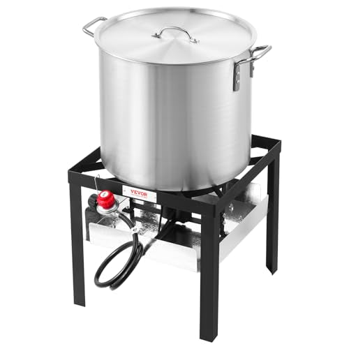 VEVOR 100 Qt Seafood Boiling Kit with Strainer, Outdoor Seafood Boil Pot and Basket, Cooking Set for Crab Crawfish Lobster Boiling, Aluminum Stockpot with 100,000 BTUs Propane Burner and Steamer Rack - style: 100-qt