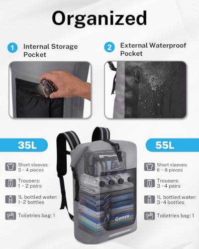 Gonex Waterproof Ultralight TPU Backpack 35L Roll Top Dry Bag, Kayaking | Back Padding, Camping, Fishing, Travel, Adjustable Straps, External & Internal Storage Pockets, Grey - color: Grey, size: 35L