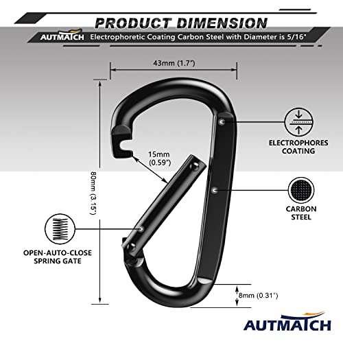 AUTMATCH Carabiner Clips, 3" Spring Snap Hook Caribeener Clips Buckle Pack Grade Heavy Duty Carabiners Quick Link for Camping, Fishing, Hiking, Traveling, 4 Pack - style: Carbon Steel - Platy Black