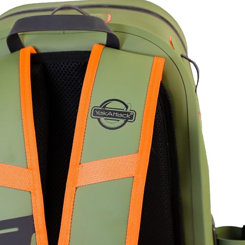 YakAttack 28L DryPak Waterproof Backpack with 2 Attachable Fishing Rod Holders – Green/Orange | Floating Marine Dry Bag Pack with Padded Straps | Lightweight Hiking & Kayaking Gear & Storage Drybag - color: Green/Orange, style: Drypak With Tether Tubes