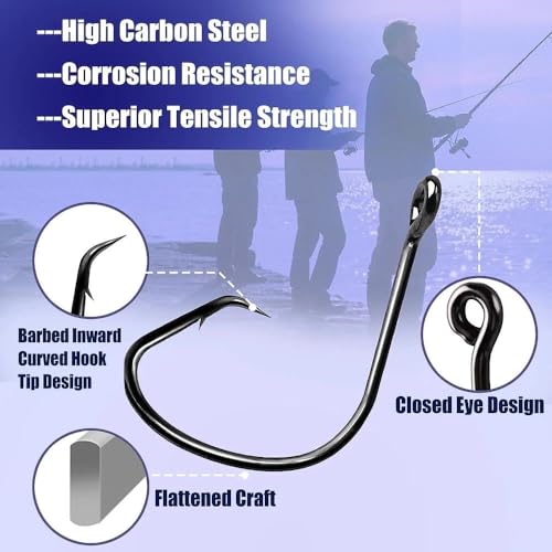Fishing Circle Hooks Offset Fish Hook Saltwater,Barbed Live Bait Hooks Black Nickel/Wide Gap for Catfish Striped Bass - color: 50pcs, size: 4#