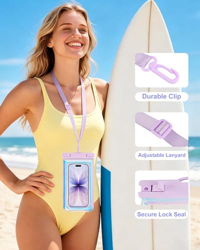 IPX68 Waterproof Phone Pouch, Floating Waterproof Phone Case for iPhone 17 16 15 14 13 Pro Max Samsung S26 S25 S24, Up to 7 Inch, Beach Vacation Essentials, Sparkling Purple - color: Sparkling Purple