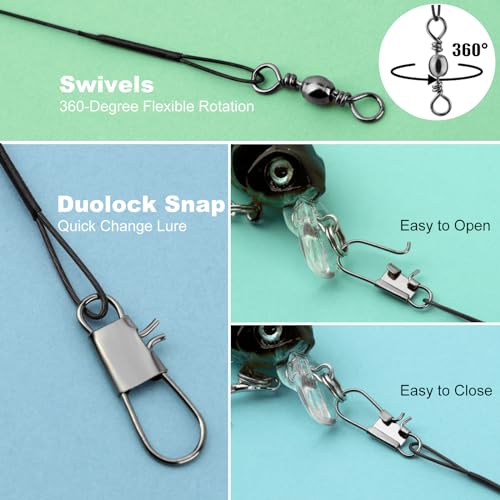 Realure 50Pcs Stainless Steel Fishing Leaders with Swivels Snap Connect Kit High Strength Fish Line Wire Leaders for Fishing Saltwater 4/6/8/10/12inch Fishing Wire Leader Line for Lure Bait Rig Hooks