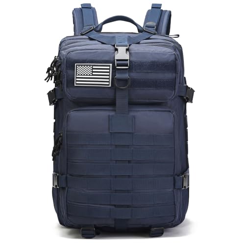 Tactical Backpack for Men, 45L Military Gym Backpacks, Large 3-Day Assault Pack Bug Out Bag MOLLE Daypack for Rucking Fishing Camping (Dark blue) - color: Dark Blue