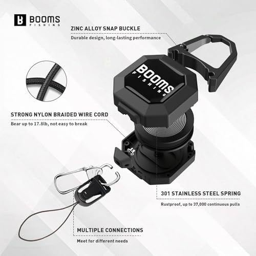 Booms Fishing Locking Zinger Retractor: 2Pack Fly Fishing Retractor - 8oz Retractable Keychain Heavy Duty - RG4 Black Retractable Gear Tether with 27.5" Cord