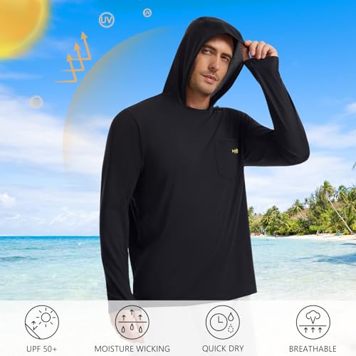 BASSDASH Men’s UPF 50+ Fishing Hoodie Shirts with Chest Pocket Lightweight UV Sun Protection Long Sleeve Hiking Sports FS34M - color: Black, size: Large