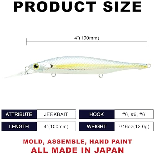 LUCKY CRAFT Lightning Pointer 100DD MG-S Fishing Lures, 4” Suspending Jerkbait Bass Lure, 15ft Depth Hard Bait, Freshwater Trout Lures, Premium Fishing Gear and Freshwater Tackle Box Equipment - color: 580 MH Chartreuse Shad