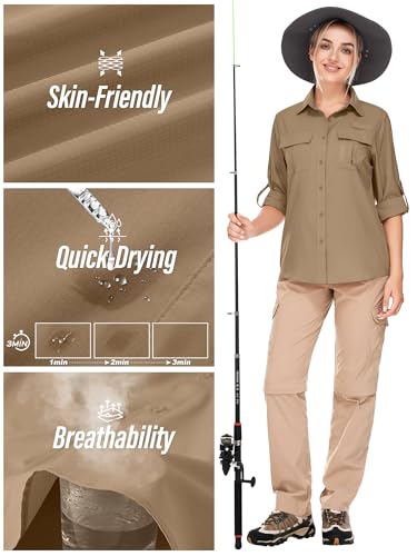 Women's UPF 50 Long Sleeve Sun Protection Shirts Safari Fishing Hiking - color: Gravel Brown, size: Small