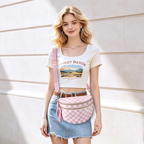 Checkered Nylon Crossbody Bag Bum Bag for Women Mom Large Checkered Fanny Packs with Adjustable Strap - color: Pink Checkered