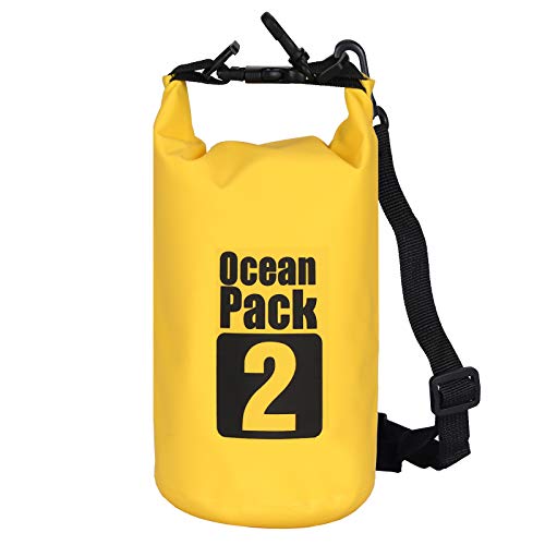 2L/3L/5L/10L/15L/20L/30L 500D Tarpaulin Heavey-Duty PVC Water Proof Dry Bag Sack for Kayaking/Boating/Canoeing/Fishing/Rafting/Swimming/Camping/Snowboarding - color: Yellow, size: 2L with Strap