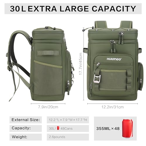 Hulongo Large Waterproof Insulated Cooler Backpack for Men & Women, Leak Proof Cooler Backpack for Camping, Beach, Fishing, Picnic, Travel, Outdoor, 30L, 48Cans - color: green