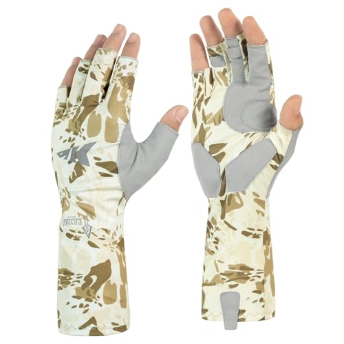 KastKing Agies Fishing Gloves Men, UPF 50+ Sun Gloves UV Protection, Cooling Quick-Dry 3/4 Fingerless Gloves with Extended Cuff, Microfiber Palm & Pull Tabs, for Fishing, Kayaking, Hiking, Hunting - color: X Camo-Neutral, size: Large-X-Large