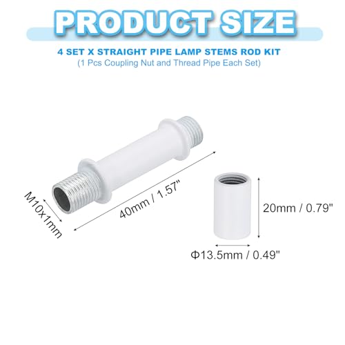PATIKIL Straight Pipe Lamp Stems Rod Kit, 4Set M10 Carbon Steel 40mm(1.57") Long Double End Thread Rod with Coupling Nuts Sleeve Connector for Table Lamps Chandeliers, White - color: White, size: 40mm(1.57")