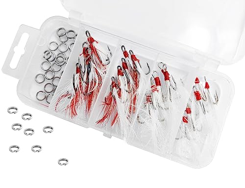Fishing Treble Hooks Feather Hook: Dressed Fishing Hooks Set with Split Rings for Making Fishing Lure