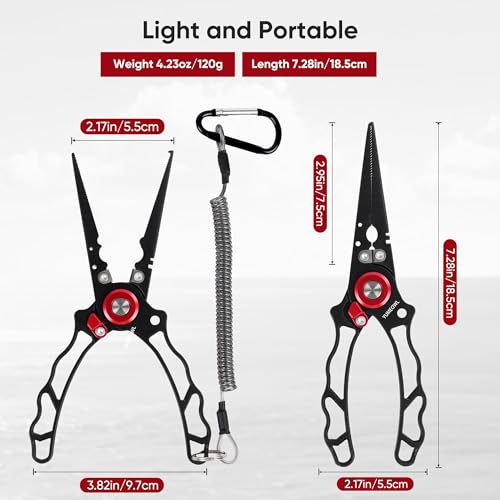 Fishing Pliers with Innovative Ergonomical Handle, Corrosion Saltwater Resistant,Fishing Multitool Hook Remover Braided Fishing Line Cutting, Split Ring with Coiled Lanyard and Sheath - color: Red&black-7.28"