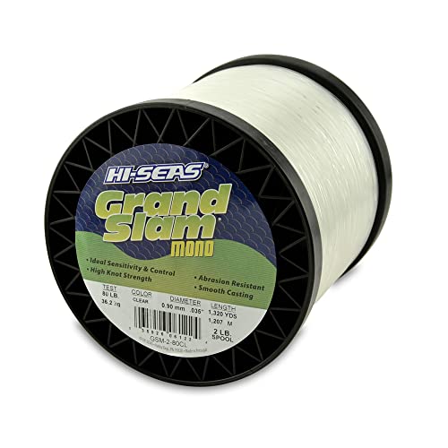 HI-SEAS Grand Slam Monofilament Fishing Line - Strong & Abrasion Resistant in Clear, Pink, Green, Smoke Blue, Fluorescent Yellow Freshwater & Saltwater - 2 lb Spool - color: Clear, style: 80 Lb Test, 0.90 Mm Dia, 1320 Yd