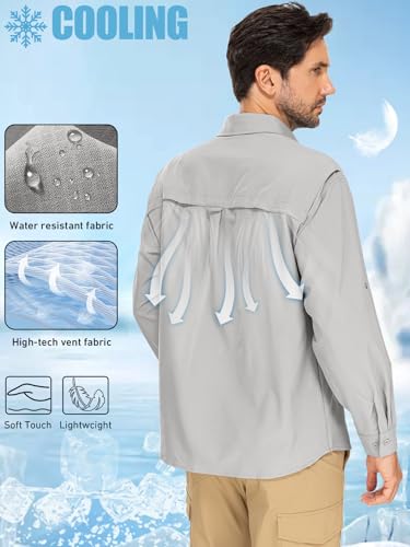 linlon Mens Safari Shirts Long Sleeve UV Protection Hiking Fishing UPF 50+ Quick Dry Cooling Camping Travel Shirts - color: Grey, size: 3X-Large