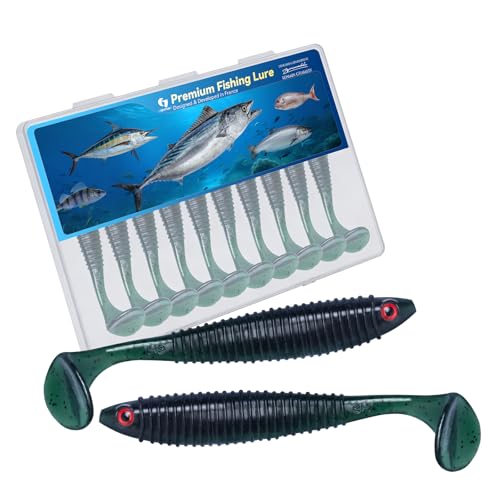 Clearance Bionics-Designed Durable Soft Plastic Fishing Lures Kit with Bonus Accessories, 3/4/5/6 Inch, 9-Type Lifelike Swimbaits in One Gear Set Included Tackle Box for Bass - color: Dark Green
