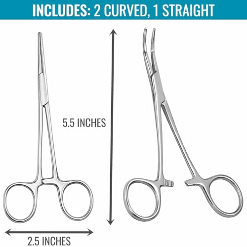 MABIS Precision Kelly Forceps [3‑Pack] Locking Hemostats, 2 Curved & 1 Straight, 5 1/2 Inch Tweezers Clamp Set, Stainless Steel, Fine Tip for First Aid, Sewing, Piercing Removal Tool, Fishing & DIY - size: Pack of 3, style: Combo Pack