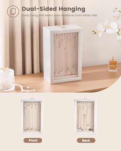 Lolalet Upgraded Double-Sided Hanging Necklace Organizer Box, Jewelry Display Case with Double-Sided Clear Window for Necklaces Bracelets, Tangle-Free Necklace Storage Box, White, 2-Layer 40 Hooks - color: White, size: 2-Layer, 40 Hooks