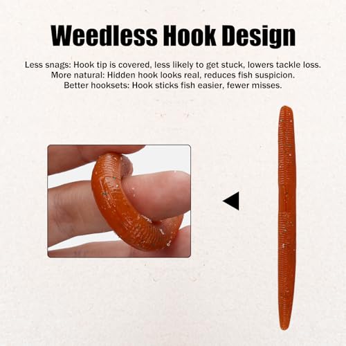 Soft Worm Bass Baits with Salted Hook Slot FS/RE-04 | Built-In Hook Slot Soft Plastic Bass LuresMulti-Rig Compatibility realistic movement Easy Portability ideal size - color: Brown-10pcs