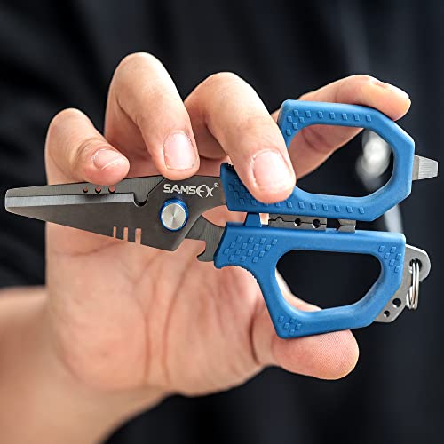 SAMSFX 6.5" Pro Fishing Shears Dual Serrated Blades, Fishing Braided Line Scissors with Titanium Coating, Non-Slip Grip & Multifunction Tool, Includes Hard Molded Locking Sheath & Coiled Lanyard - color: A: Blue Kraton Handle, Hard Sheath