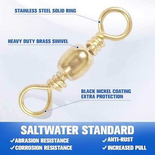 Fishing Barrel Swivels - 50/100 pcs Rolling Ball Bearing Fishing Swivel with Solid Ring Hook Line Connector Copper with Stainless Steel Gold Nickle Coated Test Strength 35-105lbs - size: 6#