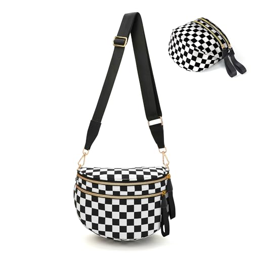 Crossbody Bags for Women, Checkered Bum Bag Crossbody, Spacious Nylon Shoulder Handbag Mom Bag (black-white checkered) - color: black-white checkered