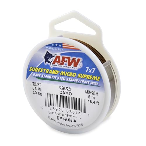 American Fishing Wire Surfstrand Micro Supreme Bare 7x7 Stainless Steel Leader Wire- Fishing Leader Line for Saltwater, 13lb Test - 20lb Test, Camo Color, 5m Length - color: Camo, size: 65 lb / 5m