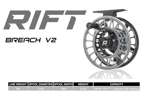 RIFT Breach v2 Fly Fishing Reel, High Capacity Spool, Carbon Disc Drag, Full CNC-Machined Anodized Aluminum Fly Reel, 5/6 Weight, Black, Grey - color: v2 Black/Grey - Without Line